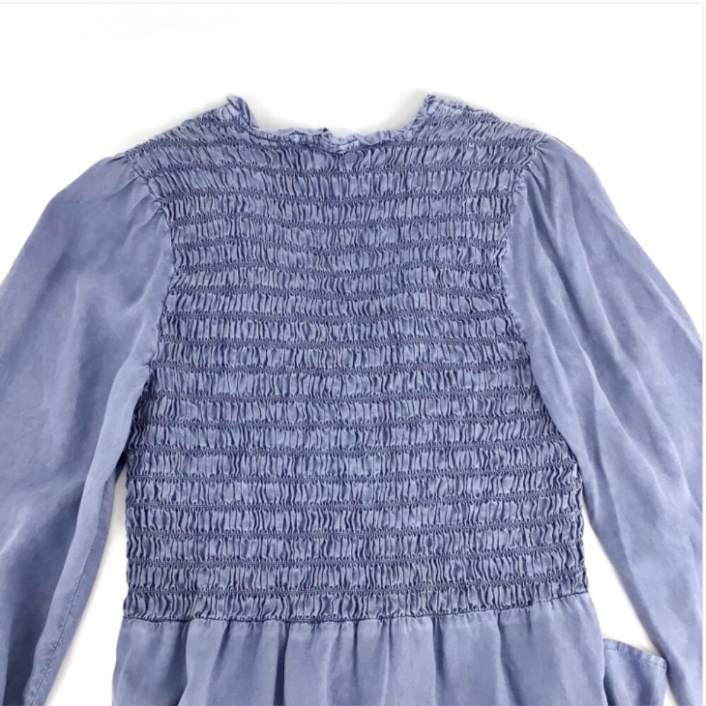 Bella Dahl Tencel-Lyocell Blue V Neck Long Sleeve Smocked Mini Dress Size Large - Picture 10 of 14